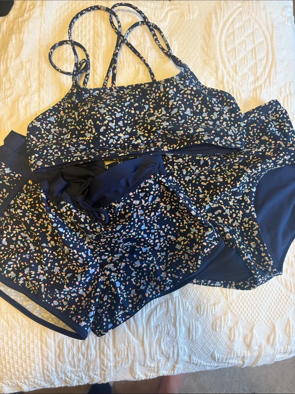 Athleta Girl Navy Confetti Print Bralette & Swim Shorts Set